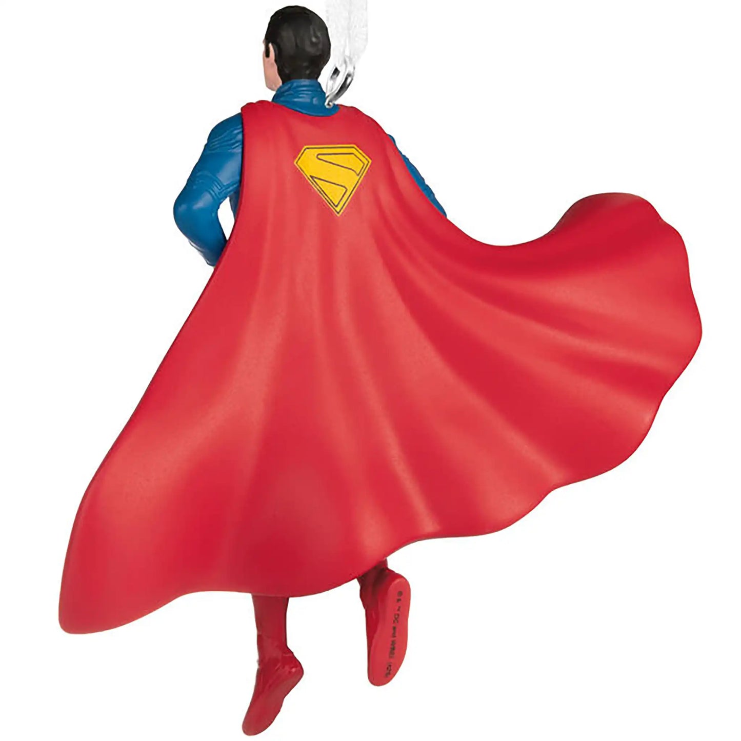 Licensed DC Comics Superman ornament in flying pose with red cape, blue suit and S-shield emblem