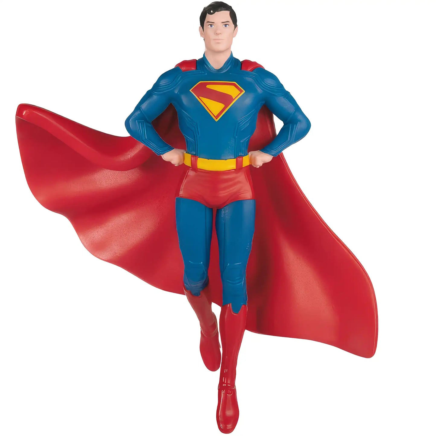 A personalized Superman Christmas ornament featuring the superhero flying with his red cape and blue suit, customizable with a name and year.