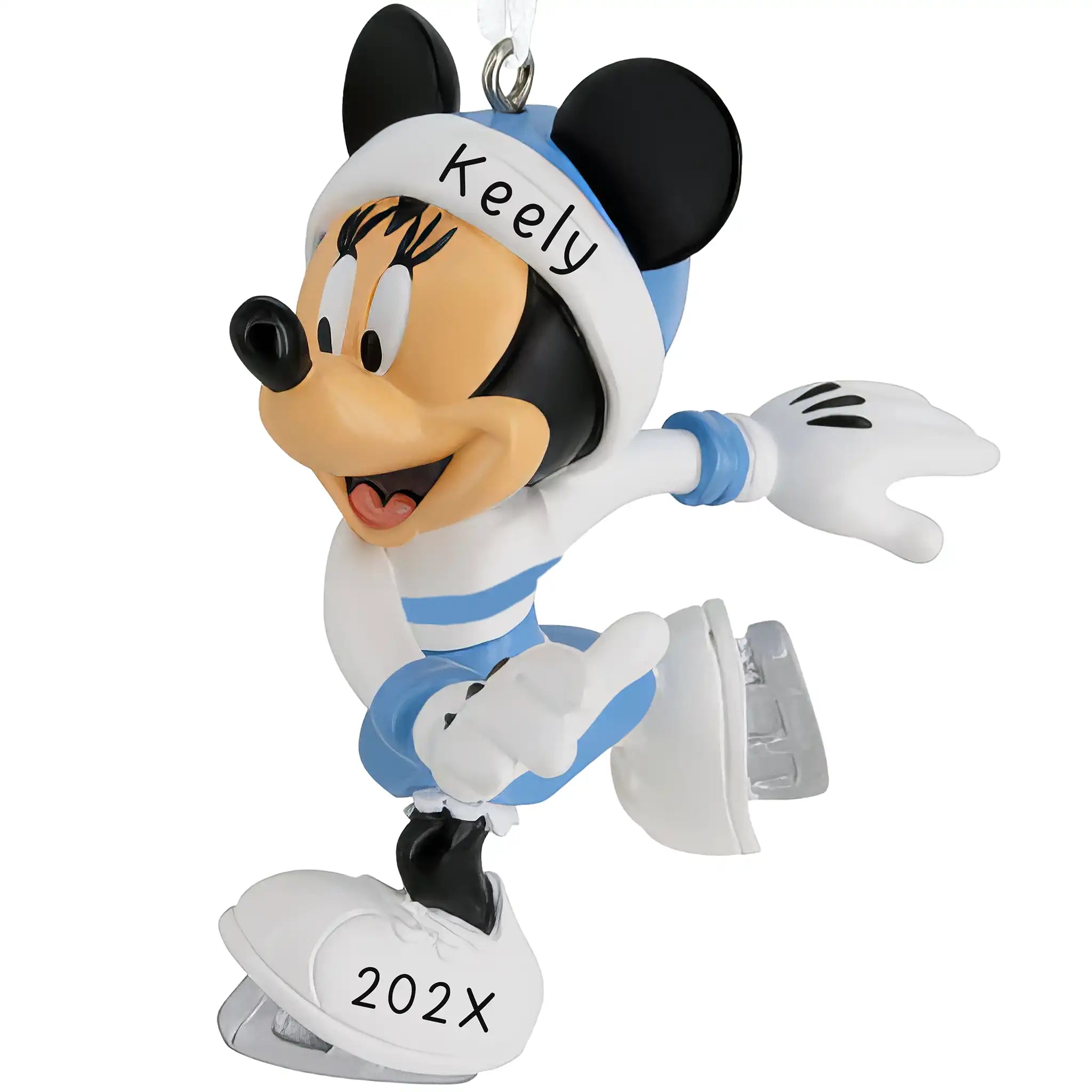 A personalized Disney Minnie Mouse Christmas ornament featuring Minnie in a blue and white skating outfit with ice skates, customizable with a name and year.
