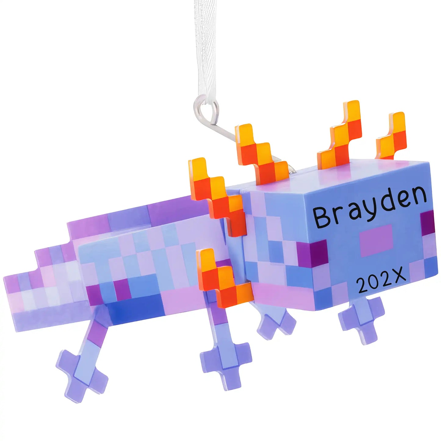 Licensed Minecraft blue axolotl ornament with pixelated blocky design, pink gills and personalization area