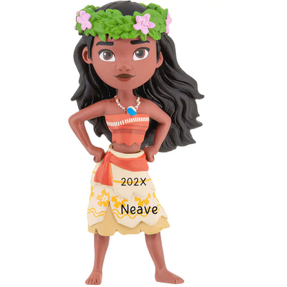 A personalized Disney Moana Christmas ornament featuring Moana in her floral crown and island outfit, customizable with a name and year.