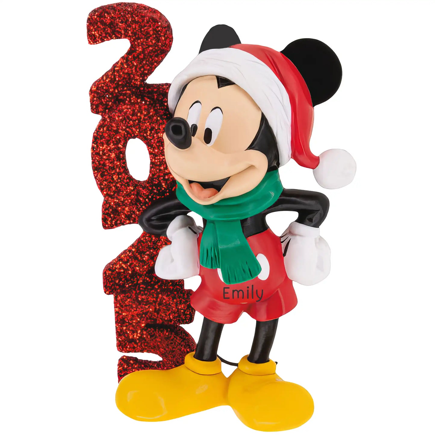 A personalized Disney Mickey Mouse 2025 Christmas ornament featuring Mickey in a Santa hat and green scarf next to a glittery red “2025,” customizable with a name.