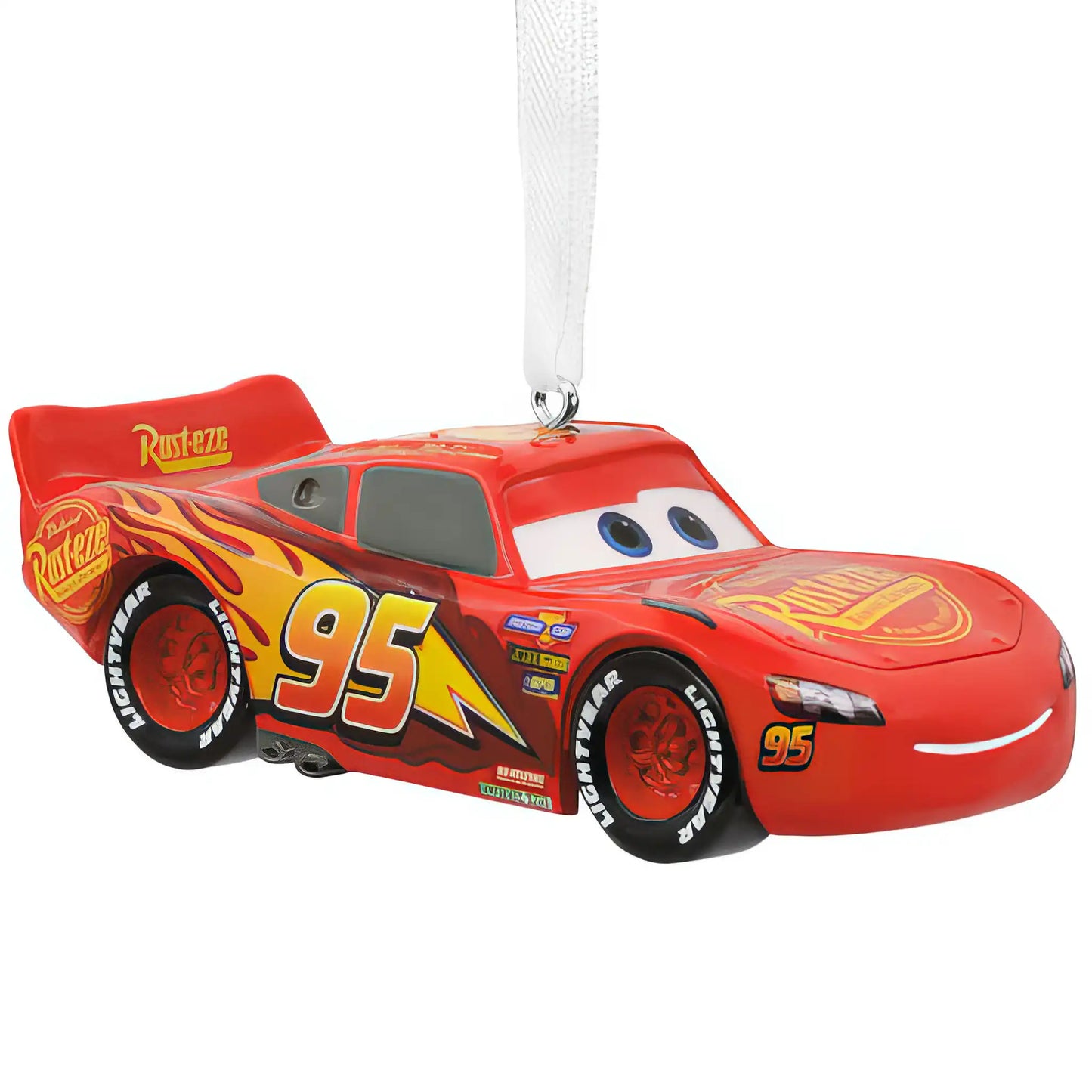Personalized Lightning McQueen Christmas ornament with red race car, number 95, yellow lightning bolt, and Rust-eze logos, customizable with name and year