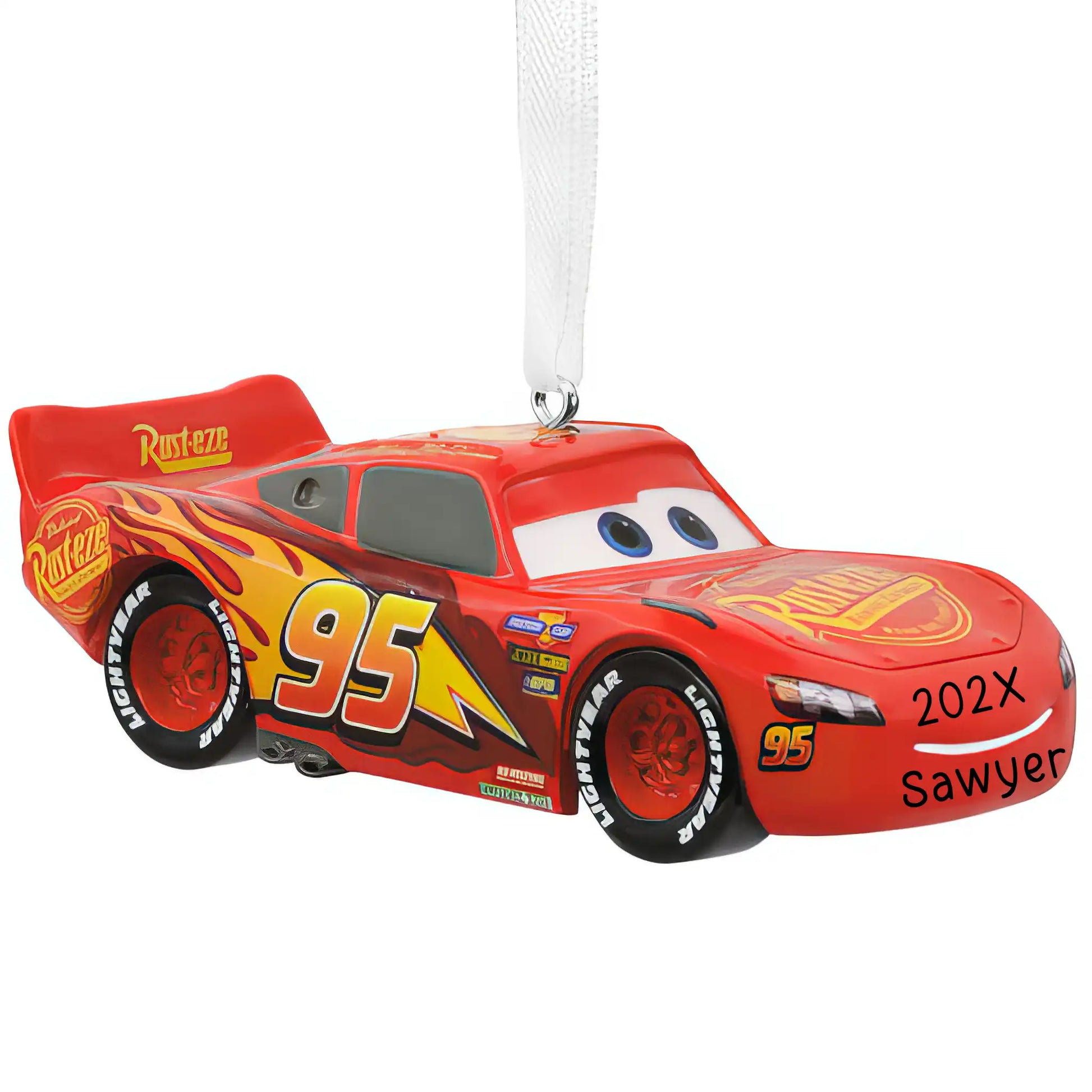 Personalized Christmas ornament featuring the red race car Lightning McQueen from Disney/Pixar Cars with number 95 and flame decals, ready for custom name engraving.