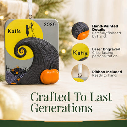 Hand-painted details and laser engraved personalization on the Nightmare Before Christmas ornament, ribbon included