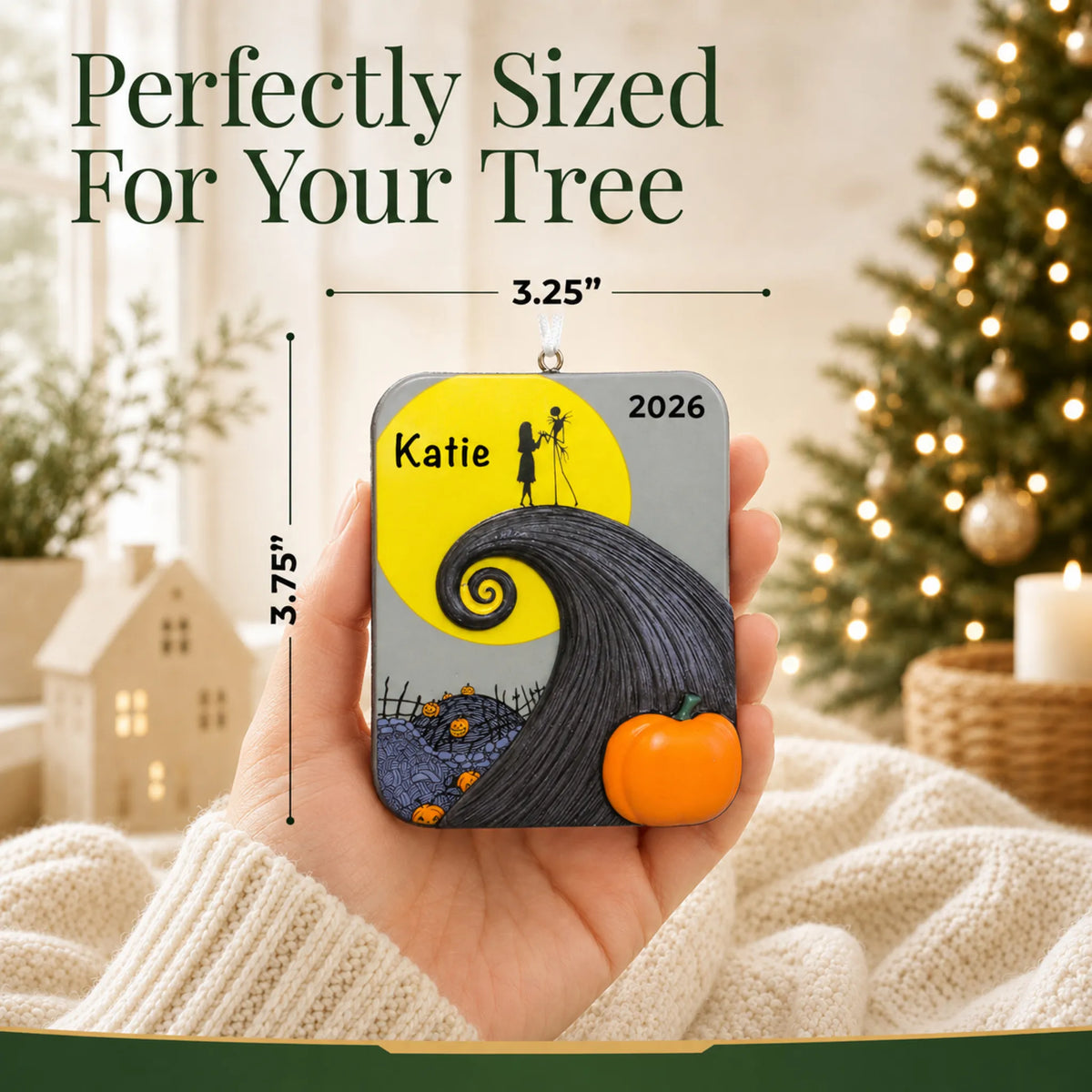Size guide: the personalized Nightmare Before Christmas ornament is 3.25 in wide by 3.75 in tall, shown in hand