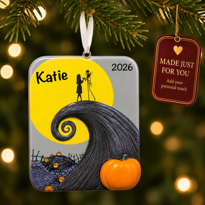 Nightmare Before Christmas ornament hanging on a lit Christmas tree with a Made Just For You gift tag