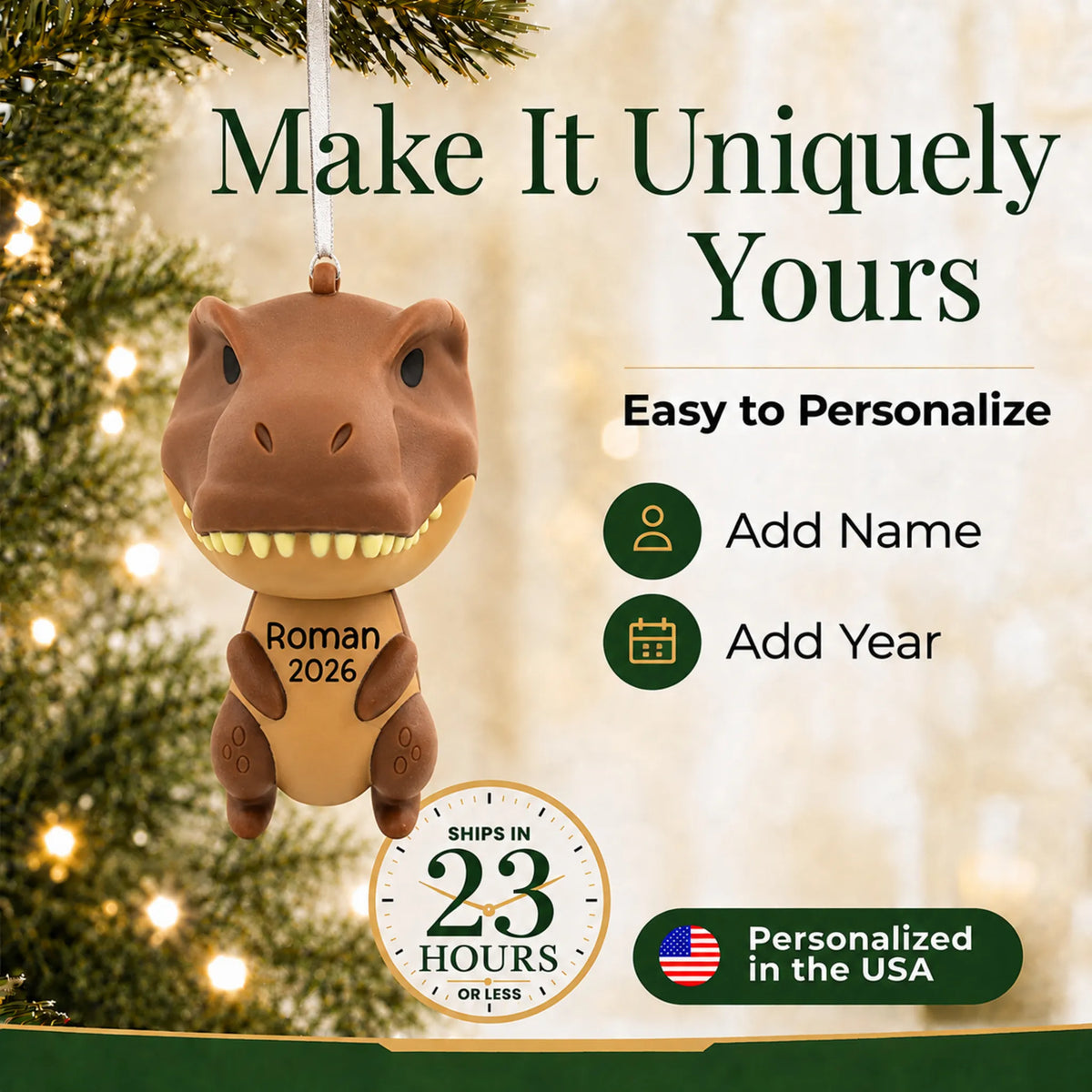Make it yours: add name and year to the personalized brown t-rex dinosaur christmas ornament