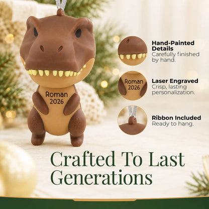 Hand-painted details and laser engraved personalization on the brown t-rex dinosaur christmas ornament, ribbon included