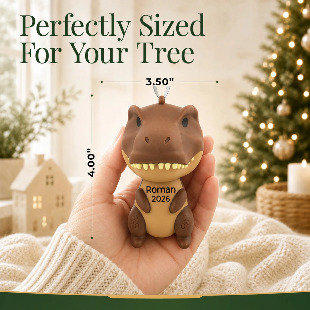 Size guide: the personalized brown t-rex dinosaur christmas ornament is 3.50 in wide by 4.00 in tall, shown in hand