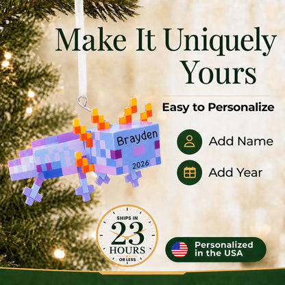 Make it yours: add name and year to the personalized pixel video game axolotl christmas ornament