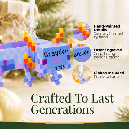 Hand-painted details and laser engraved personalization on the pixel video game axolotl christmas ornament, ribbon included