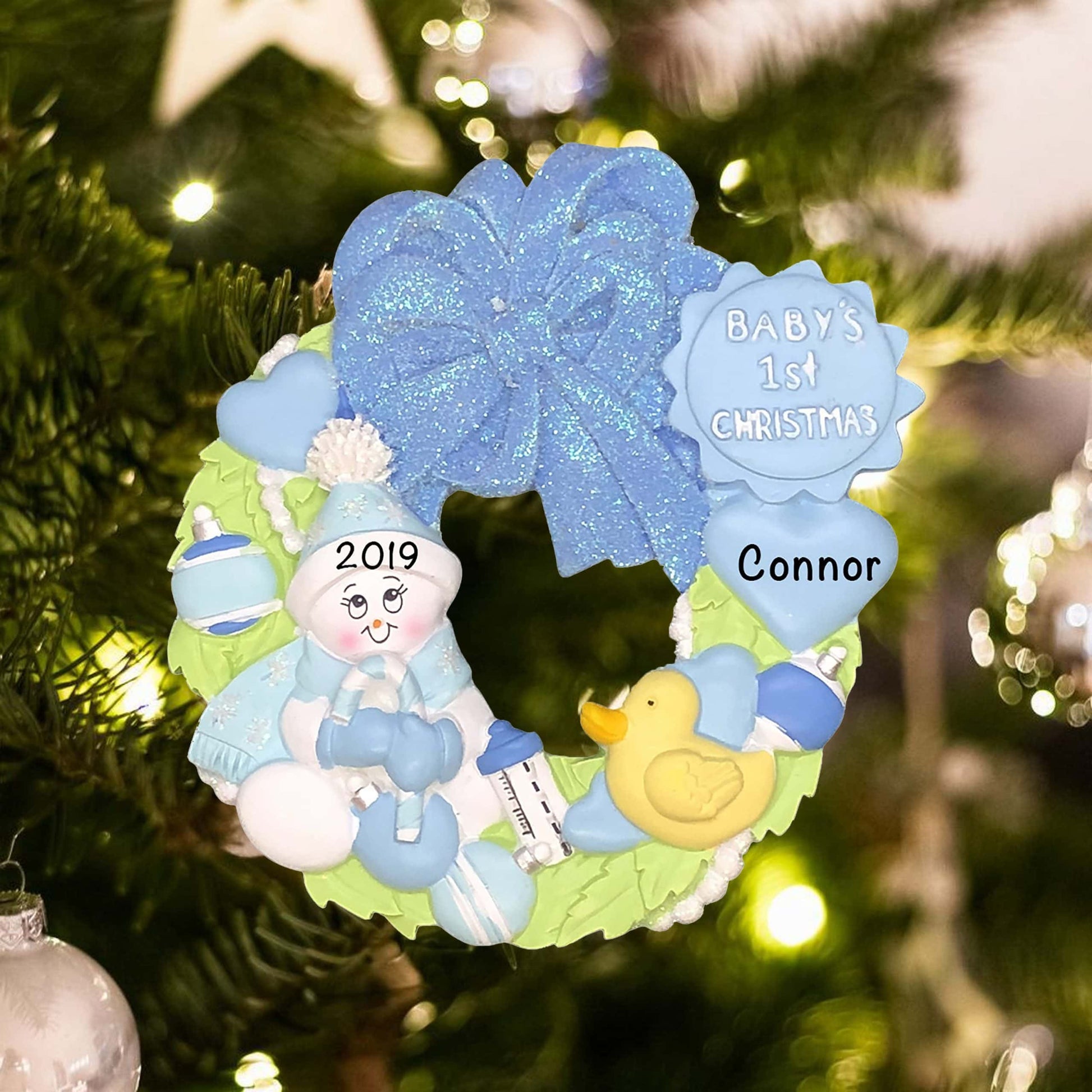 42B Personalized Babys 1st Christmas Blue Wreath Christmas Ornament