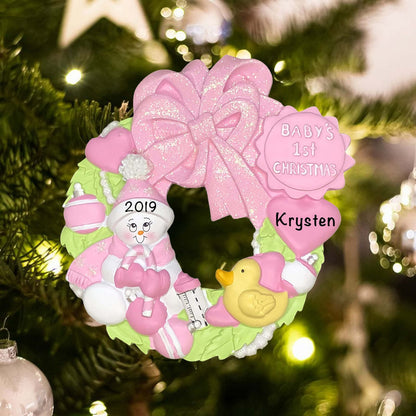 42G Personalized Pink Baby 1st Wreath Christmas Ornament