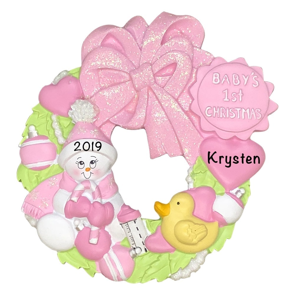 42G Baby's 1st Christmas Pink Wreath Personalized Christmas Ornament