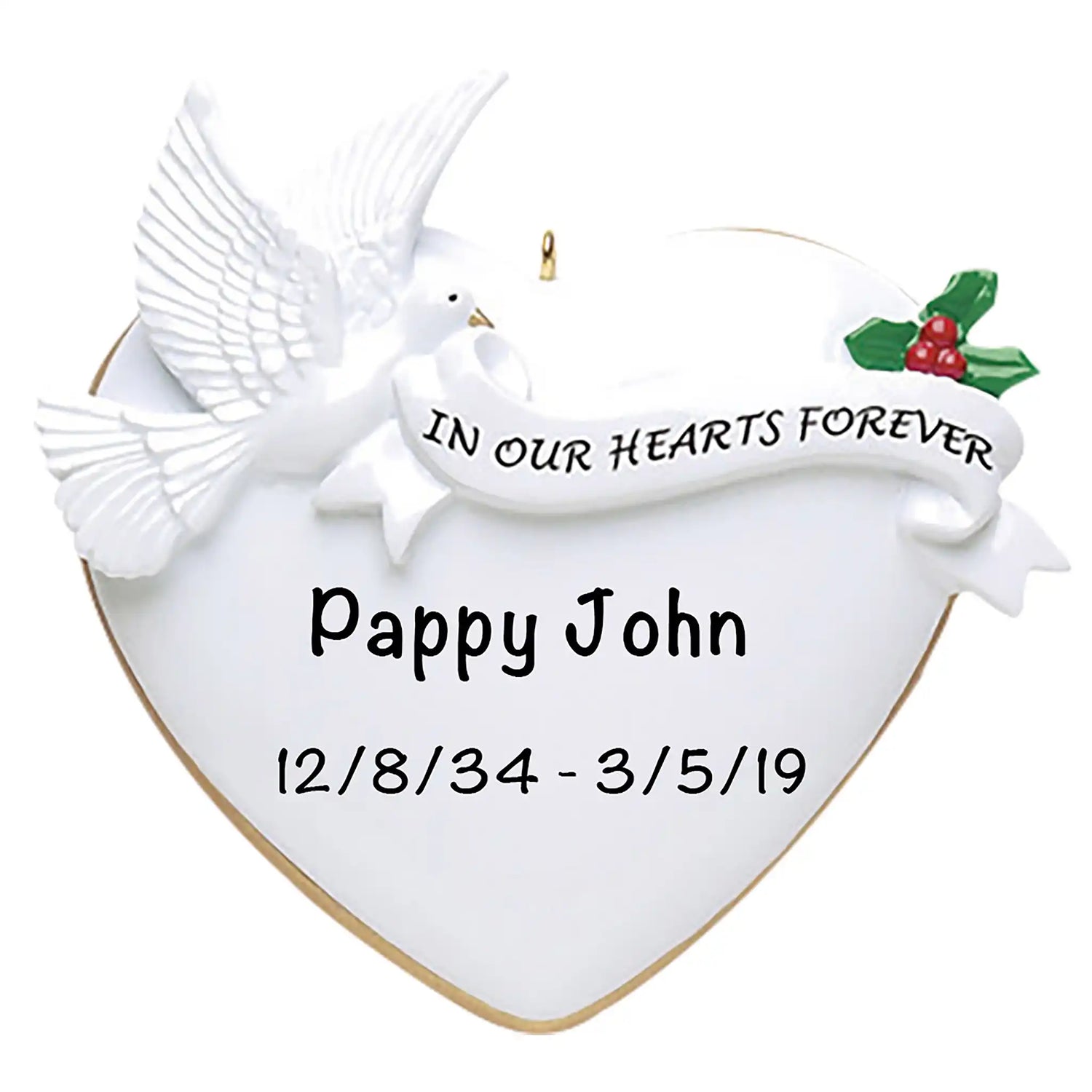 White memorial dove ornament with a heart and “In Our Hearts Forever” ribbon, ready for personalized engraving.