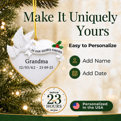 Make it yours: personalize the Memorial Dove Heart christmas ornament