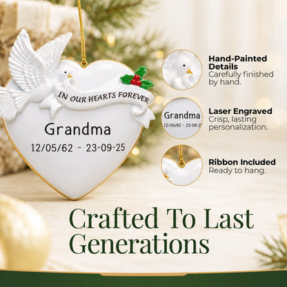 Hand-painted details and laser engraved personalization on the Memorial Dove Heart christmas ornament, ribbon included