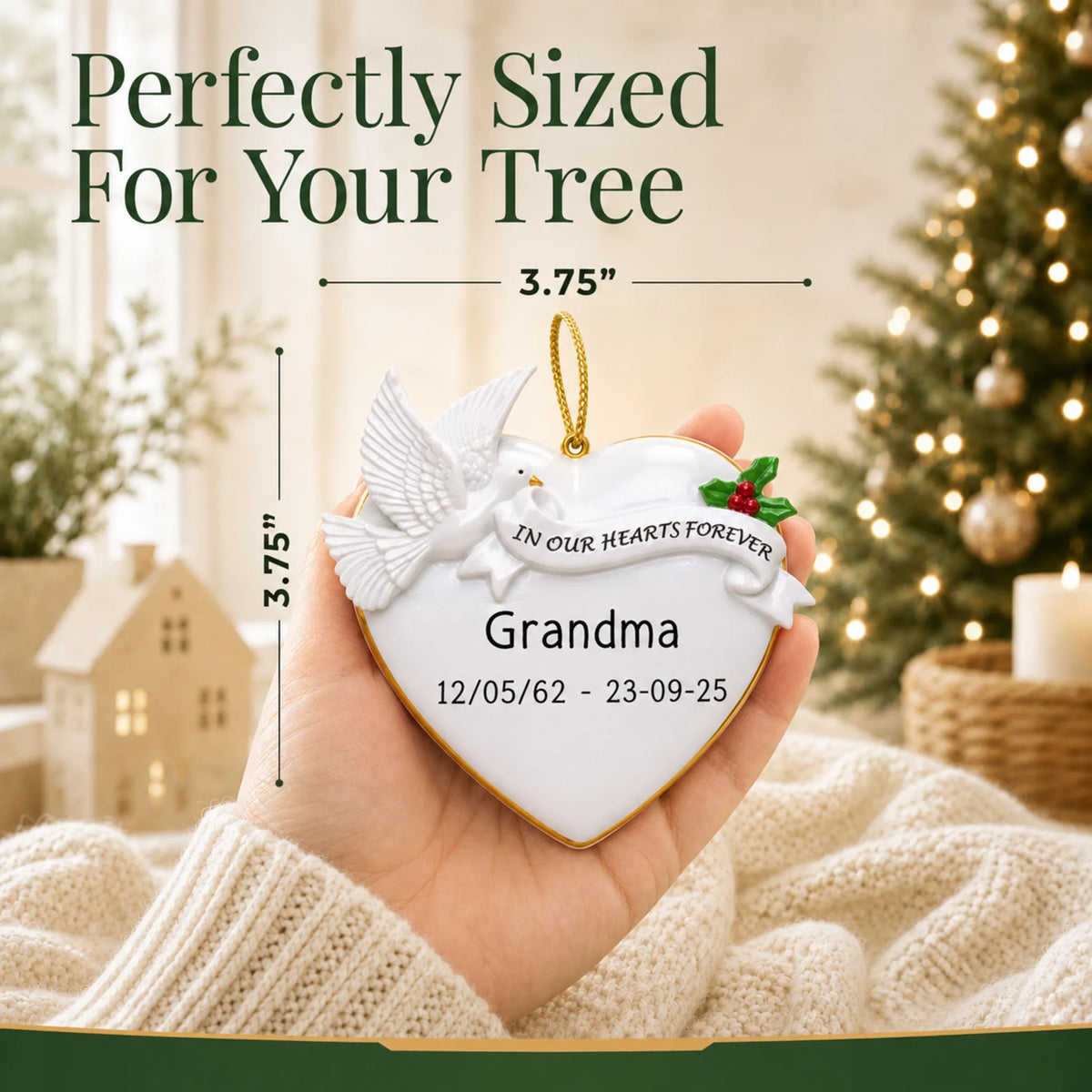 Size guide: the personalized Memorial Dove Heart christmas ornament is 3.75 in wide by 3.75 in tall, shown in hand