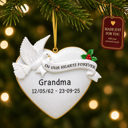 Memorial Dove Heart christmas ornament hanging on a lit Christmas tree with a Made Just For You gift tag