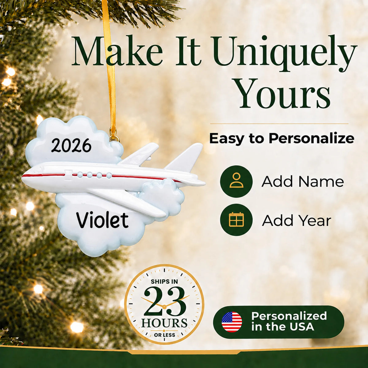 Make it yours: add name and year to the personalized flying airplane travel christmas ornament