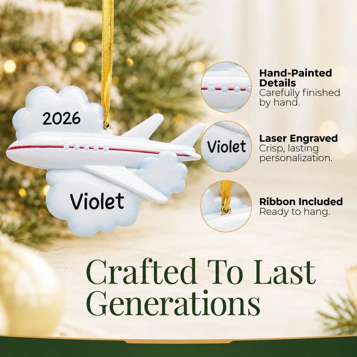 Hand-painted details and laser engraved personalization on the flying airplane travel christmas ornament, ribbon included