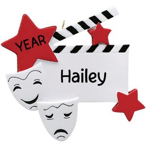 Personalized drama star ornament with comedy and tragedy masks and clapperboard, laser engraved with a name and year