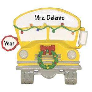 School bus personalized Christmas ornament with holiday lights and wreath, name laser engraved on windshield