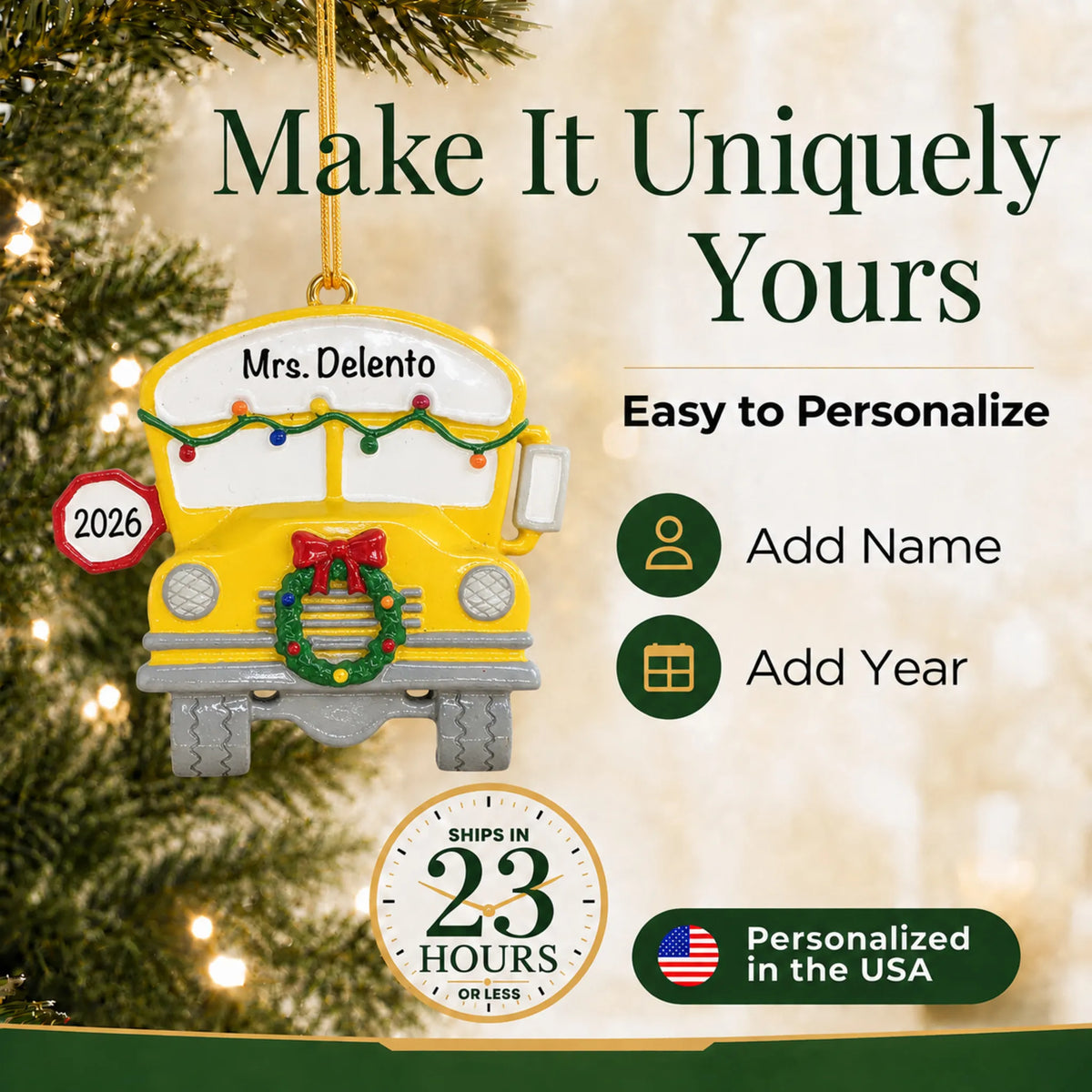 Personalize the school bus Christmas ornament with your details, ships in 23 hours, personalized in the USA