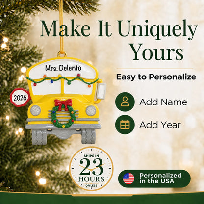 Personalize the school bus Christmas ornament with your details, ships in 23 hours, personalized in the USA