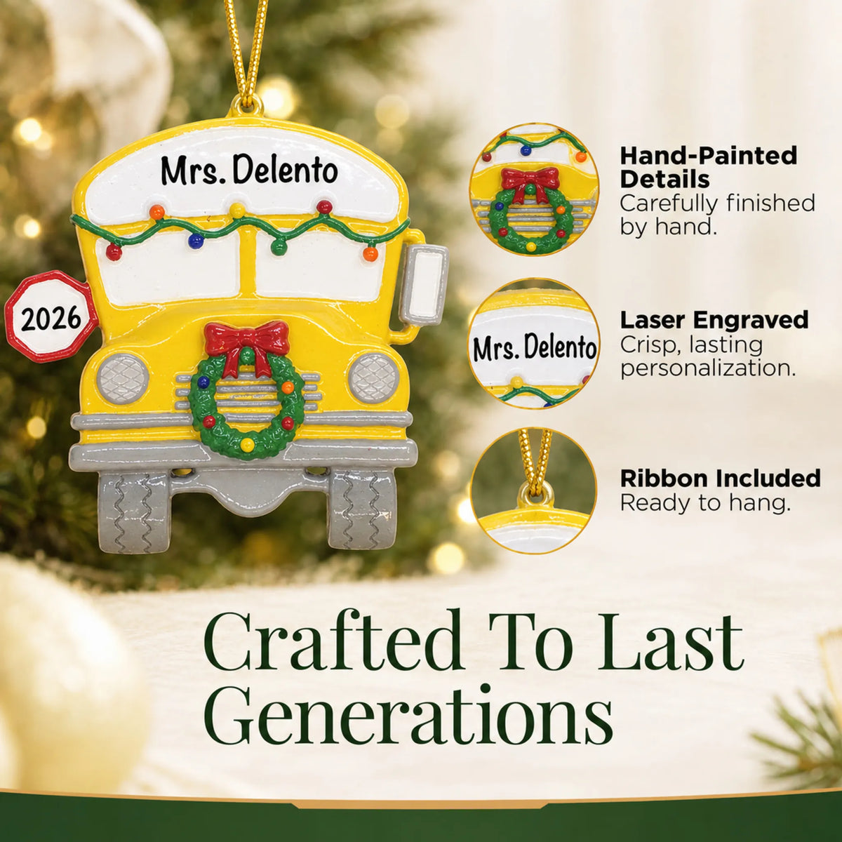 Close-up of the school bus Christmas ornament: hand-painted finish, laser engraving, ribbon included