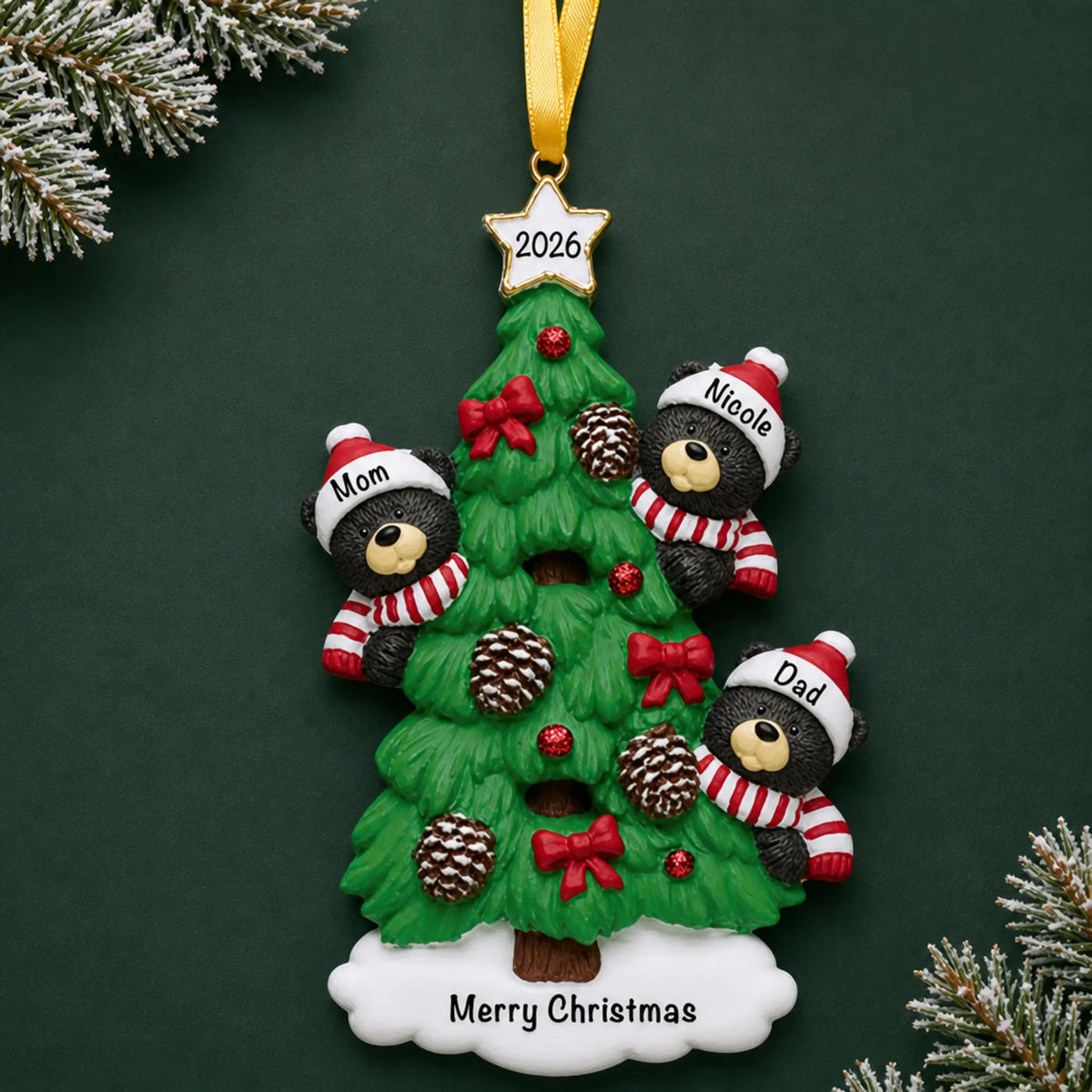 Personalized black bear tree family of 3 christmas ornament on a dark green pine background