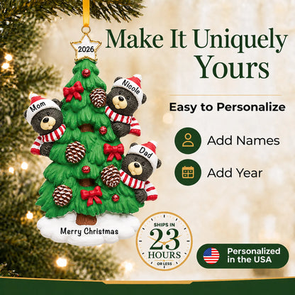 Make it yours: add names and year to the personalized black bear tree family of 3 christmas ornament