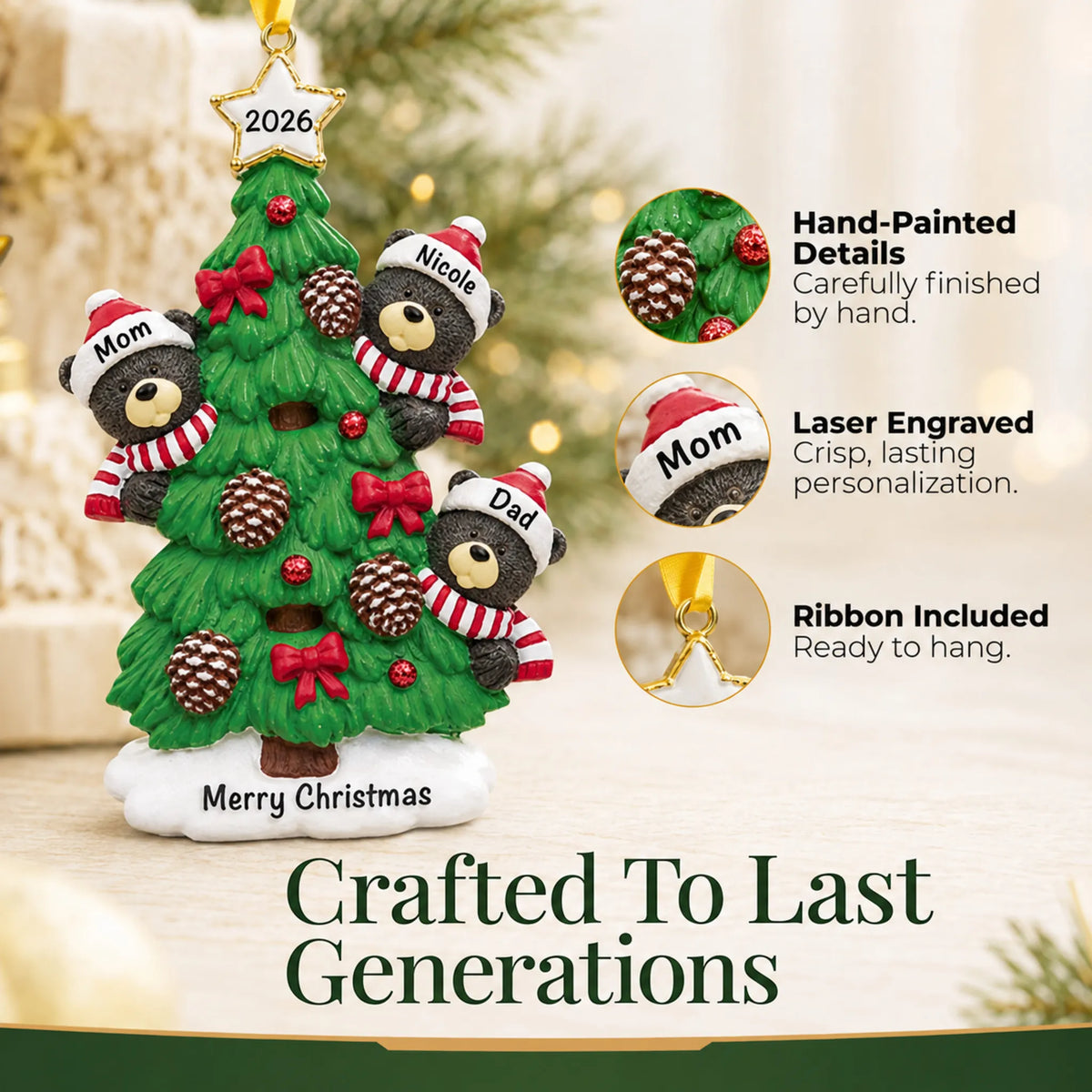 Hand-painted, laser engraved black bear tree family of 3 christmas ornament, ribbon included