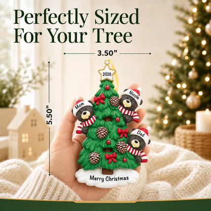 Size guide: the personalized black bear tree family of 3 christmas ornament is 3.50 in wide by 5.50 in tall, shown in hand