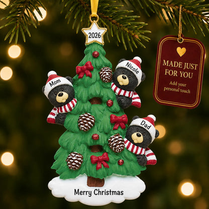 Black bear tree family of 3 christmas ornament hanging on a lit Christmas tree with a Made Just For You gift tag