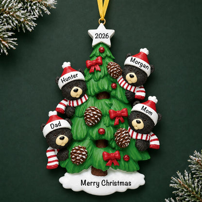 Personalized black bear tree family of 4 christmas ornament on a dark green pine background