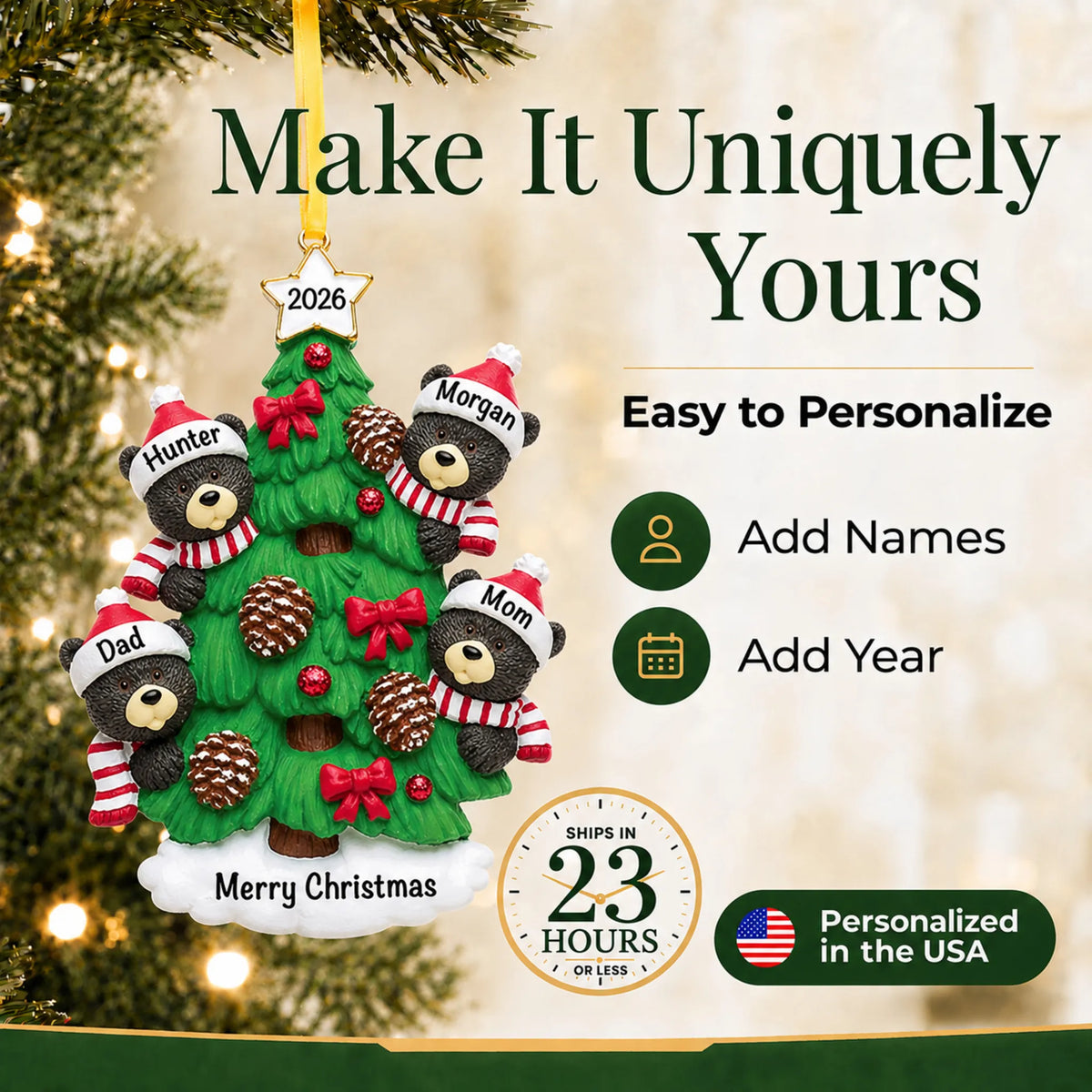 Make it yours: add names and year to the personalized black bear tree family of 4 christmas ornament