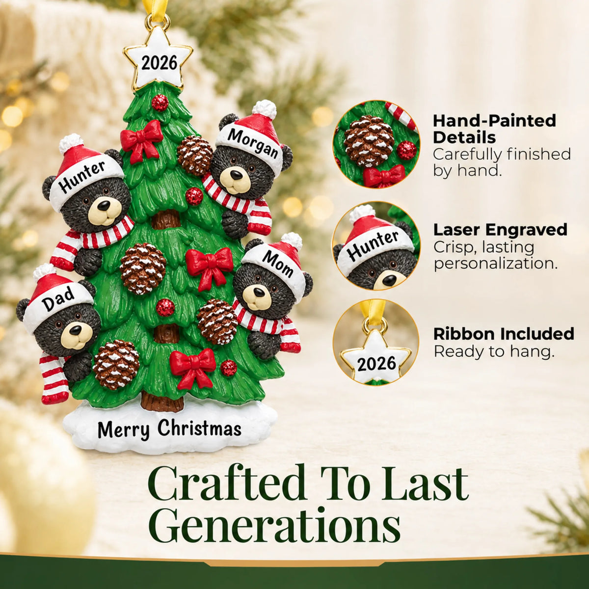 Hand-painted, laser engraved black bear tree family of 4 christmas ornament, ribbon included