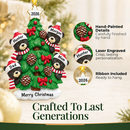Hand-painted, laser engraved black bear tree family of 4 christmas ornament, ribbon included