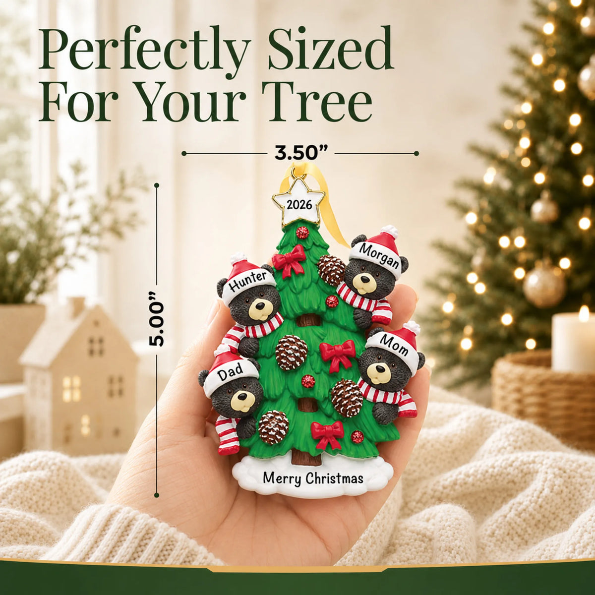 Size guide: the personalized black bear tree family of 4 christmas ornament is 3.50 in wide by 5.00 in tall, shown in hand