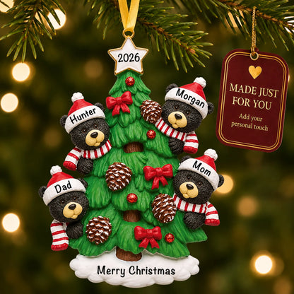 Black bear tree family of 4 christmas ornament hanging on a lit Christmas tree with a Made Just For You gift tag