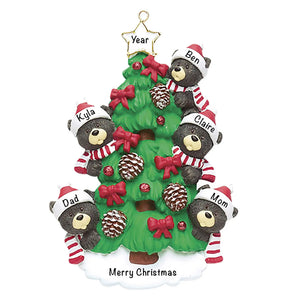Personalized black bear family of 5 Christmas ornament, five bears by a tree hand-lettered with names and year