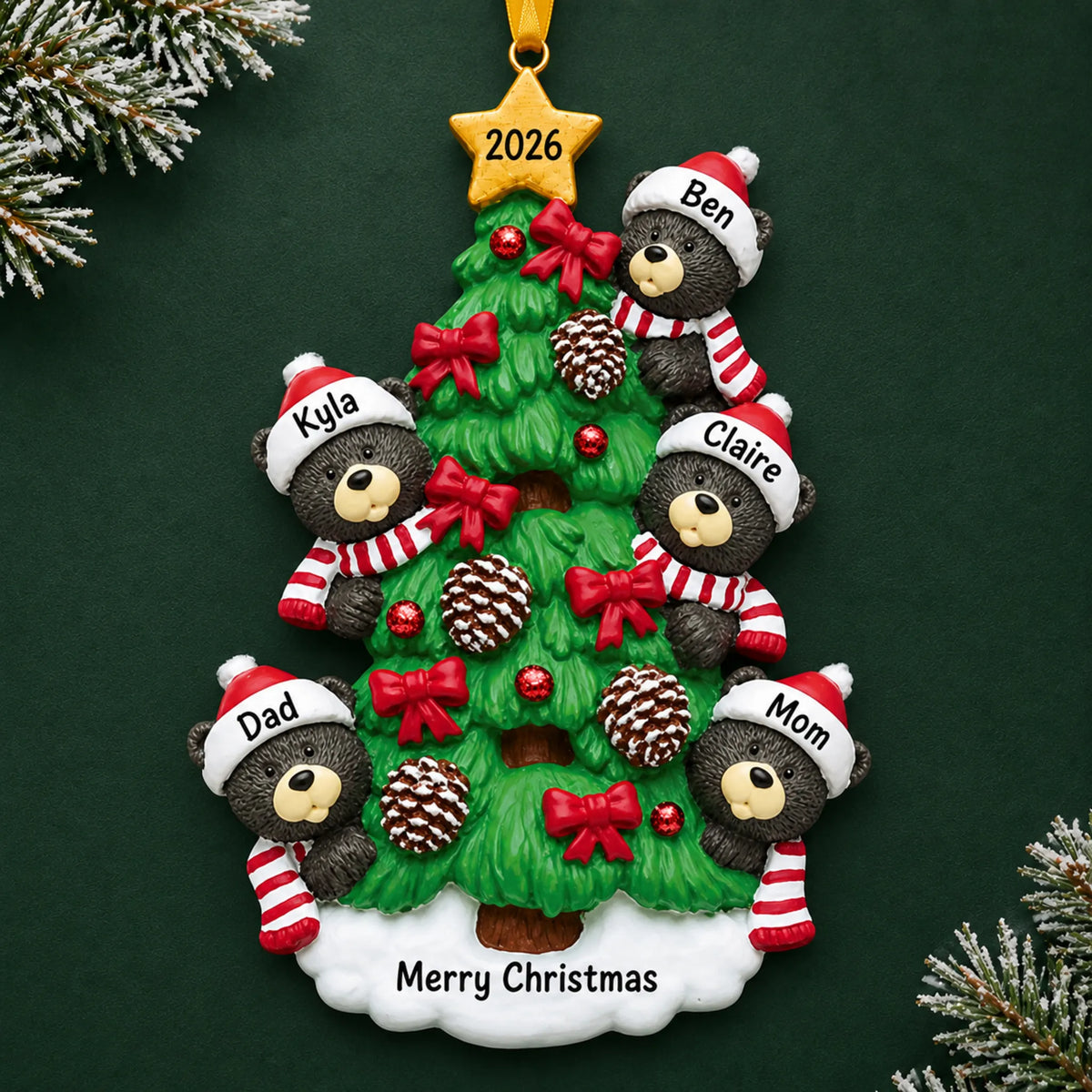Personalized black bear tree family of 5 christmas ornament on a dark green pine background