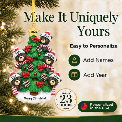 Make it yours: add names and year to the personalized black bear tree family of 5 christmas ornament