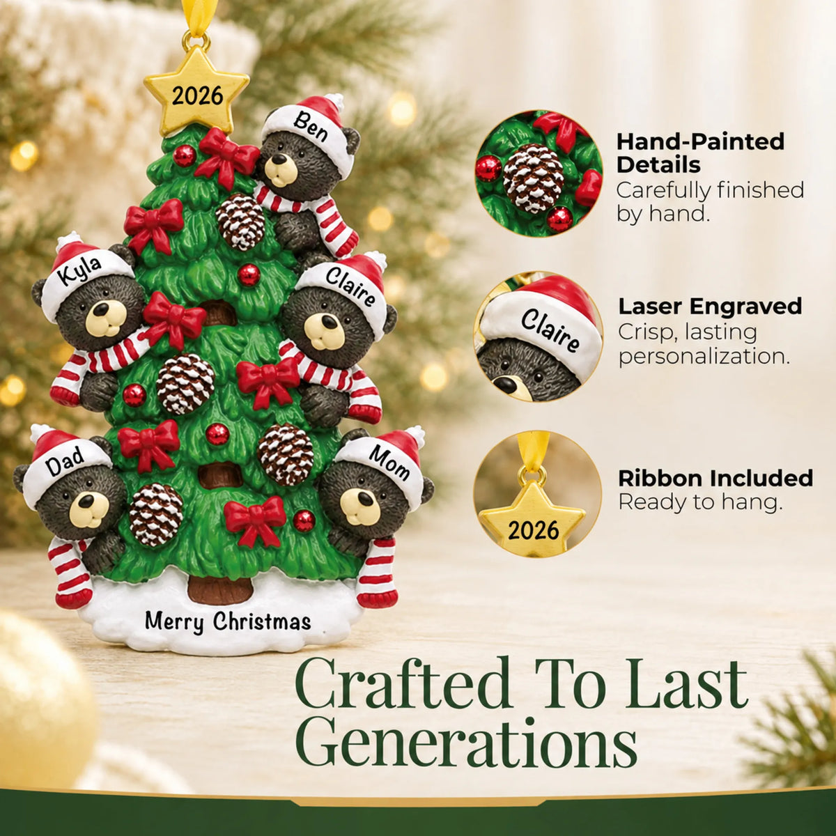 Hand-painted, laser engraved black bear tree family of 5 christmas ornament, ribbon included