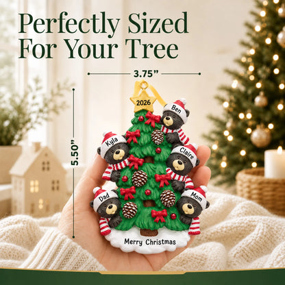 Size guide: the personalized black bear tree family of 5 christmas ornament is 3.75 in wide by 5.50 in tall, shown in hand