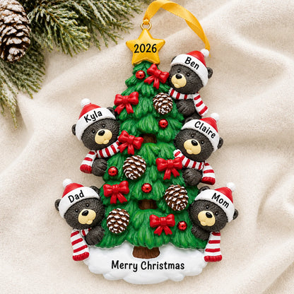 Personalized black bear tree family of 5 christmas ornament laid on a soft white knit blanket
