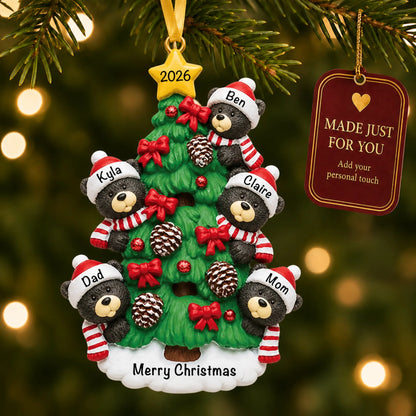 Black bear tree family of 5 christmas ornament hanging on a lit Christmas tree with a Made Just For You gift tag