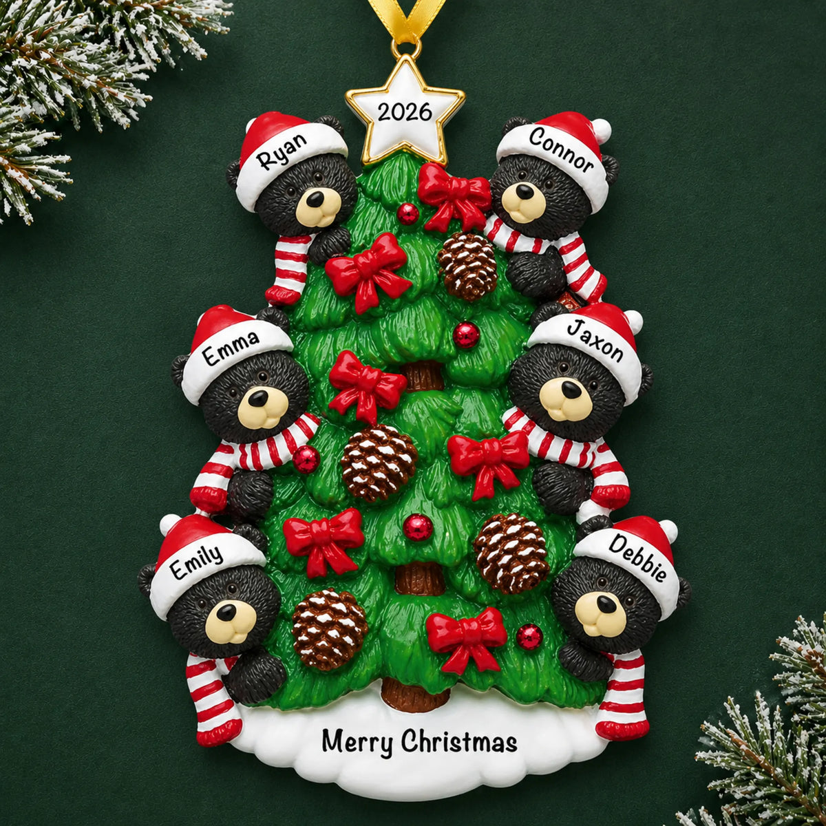 Personalized black bear tree family of 6 christmas ornament on a dark green pine background